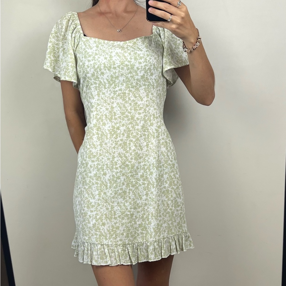 Ghanda Field Mini Dress Green White Floral Back Waist Tie Frill Hem Boho Size M - Picture 3 of 14